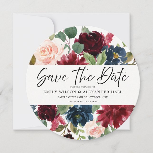 Reserve A Data Casamento Foto Floral Vinho Tinto Borgonha Script (Frente)