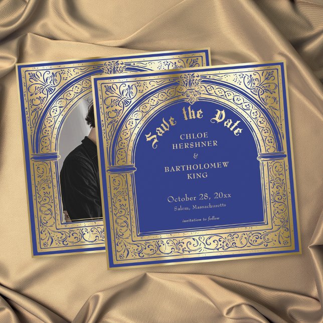 Reserve A Data Casamento Foto Medieval Dourado Azul Gótico (Gothic Blue Gold Medieval Til Death Photo Wedding Save The Date)
