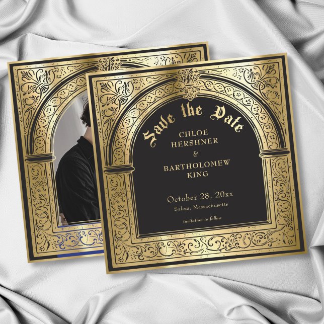Reserve A Data Casamento Foto Medieval Preto Dourado Gótico (Gothic Black Gold Medieval Wedding Photo Save The Date)