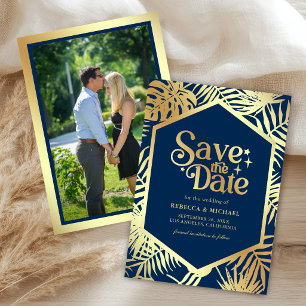 Reserve A Data Casamento Foto Palma Tropical Dourada Azul Marinho
