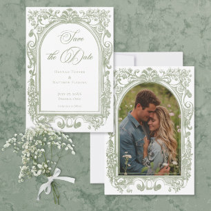 Reserve A Data Casamento Foto Quadro Arco Elegante Clássico Sage