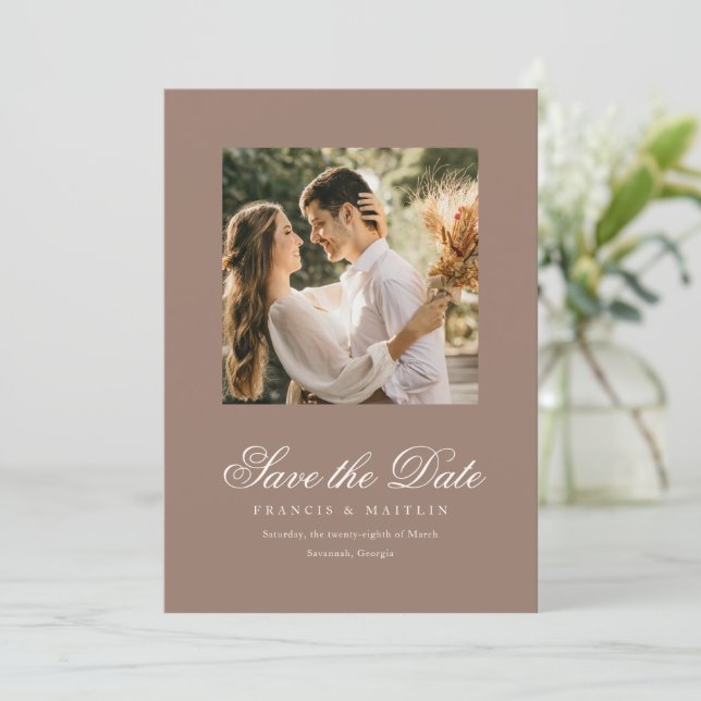 Reserve A Data Casamento Foto Romântica Marrom Elegante (Em pé/Frente)