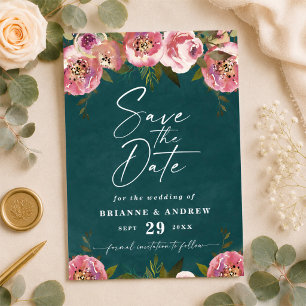 Reserve A Data Casamento Foto Verde Teal Profundo Blooming Chic