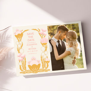 Reserve A Data Casamento Foto Vintage Floral Rosa Dourado Art Nou