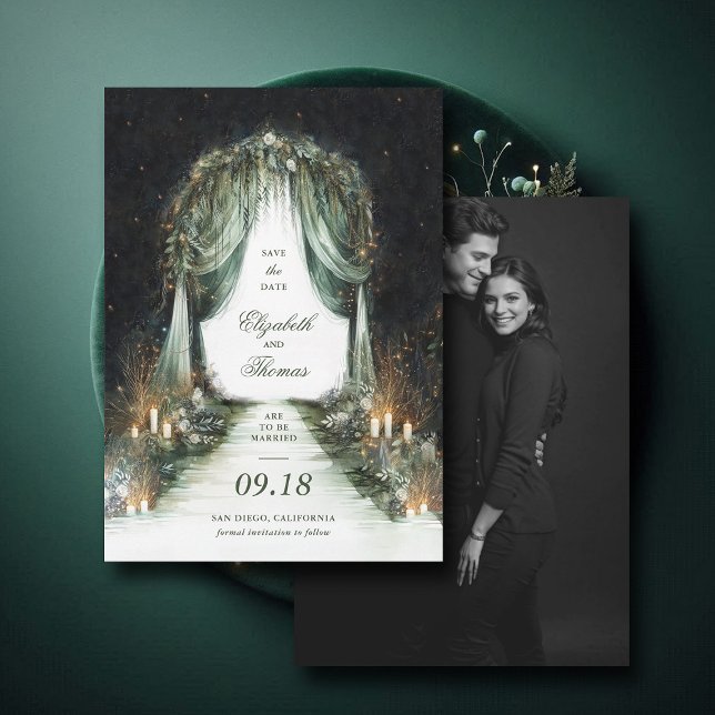 Reserve A Data Casamento Fotográfico da Cana-de-Foto da Floresta  (enchanted forest woodland wedding save the date romantic canopy fairy tale magic bespoke moody dark)