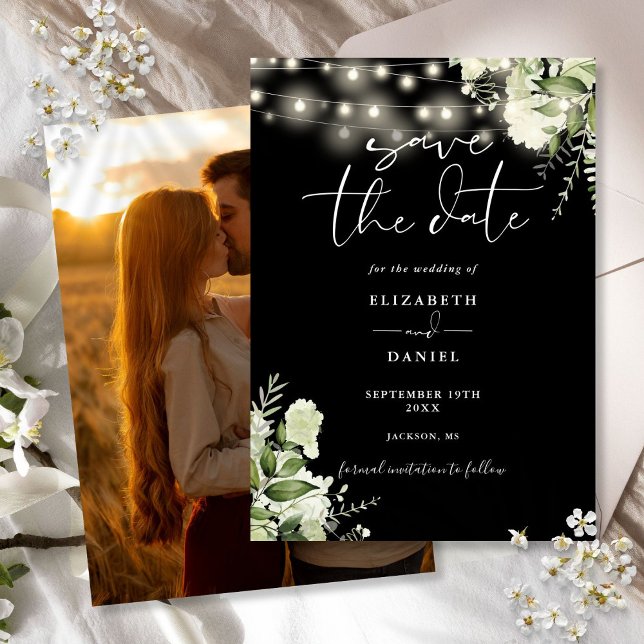Reserve A Data Casamento Fotográfico das Luzes Florais Pretas E B (Black And White Floral String Lights Photo Wedding Save The Date)