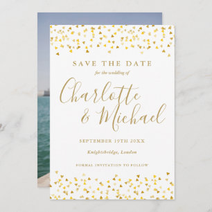 Reserve A Data Casamento Fotográfico de Confetti Script Dourado