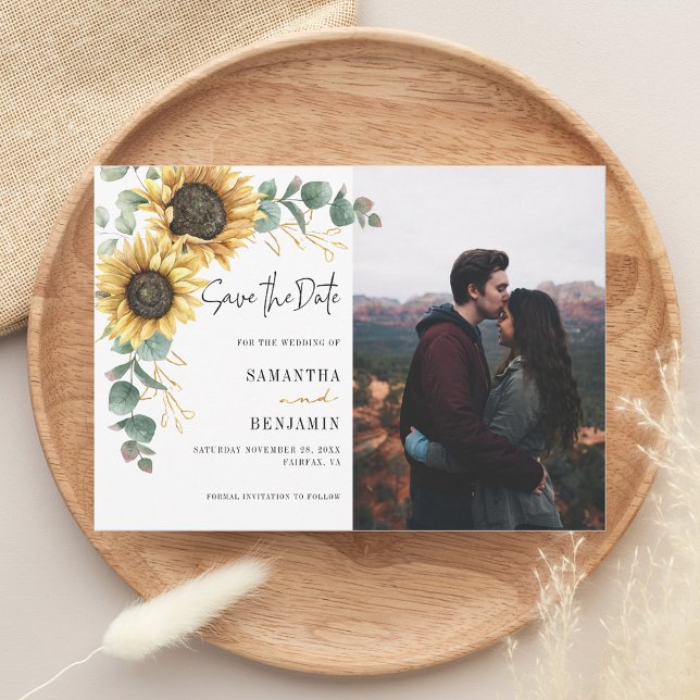 Reserve A Data Casamento Fotográfico de Girassol Floral Eucalyptu (Sunflower Floral Eucalyptus Wedding Save the Date Announcement)