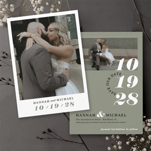 Reserve A Data Casamento Fotográfico do Elegante Simple Modern Sa (Sage green, black and white photo simple elegant modern minimalist wedding invitation save the date)