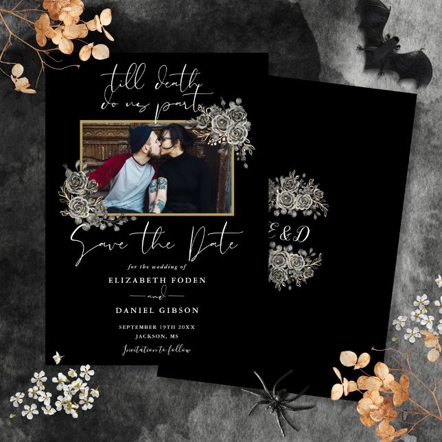 Reserve A Data Casamento Fotográfico Floral Gótico Preto E Branco (Black And White Gothic Floral Photo Wedding Save The Date)