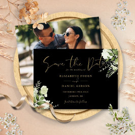 Reserve A Data Casamento Fotográfico Floral Preto E Dourado