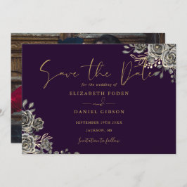Reserve A Data Casamento Fotográfico Floral Roxo E Dourado Gótico