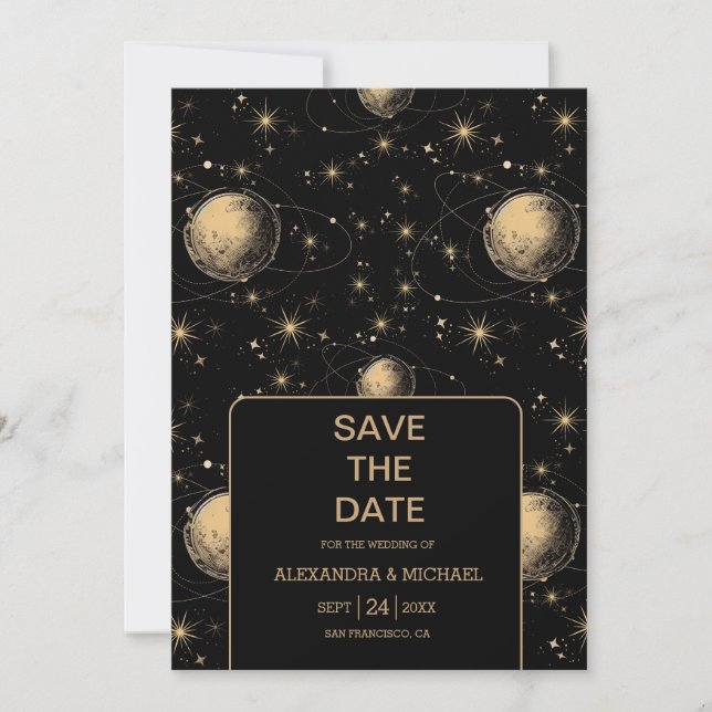 Reserve A Data Casamento Galáxia Celestial Ouro Preto Místico (Frente)