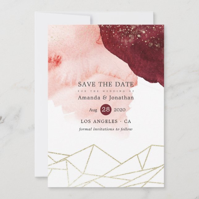 Reserve A Data Casamento Geométrico em Aquarela Burgundy e Blush (Frente)
