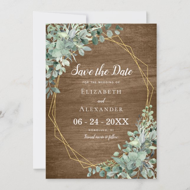 Reserve A Data Casamento Geométrico Eucalyptus Greenery Rustic Wo (Frente)