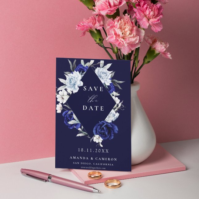 Reserve A Data Casamento Geométrico Floral do Marinho Azul Elegan (Criador carregado)