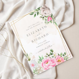 Reserve A Data Casamento Geométrico Floral Dourado Aquarela Rosa