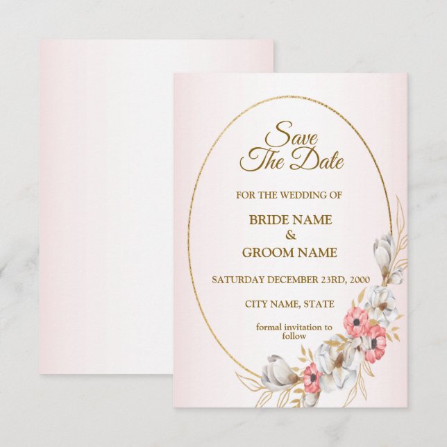 Reserve A Data Casamento Geométrico Floral Dourado Rosa Pêssego (Frente/Verso)
