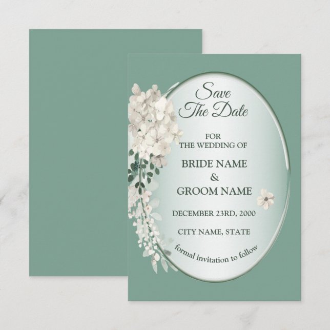 Reserve A Data Casamento Geométrico Floral Verde Jasmine Branco (Frente/Verso)