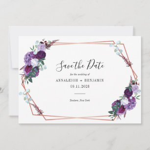 Reserve A Data Casamento Geométrico Moderno de Script Floral Roxo