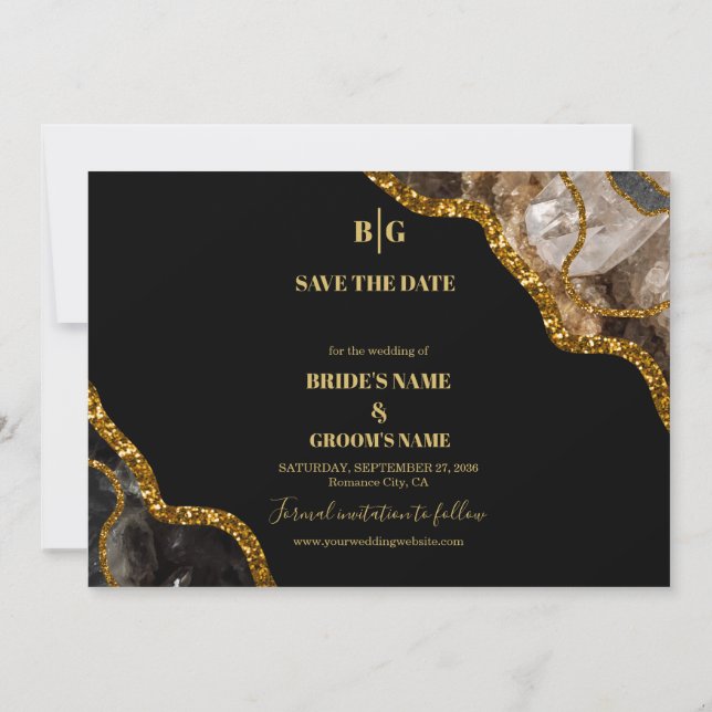 Reserve A Data Casamento Glitter de Geodo de Agato Preto e Dourad (Verso)