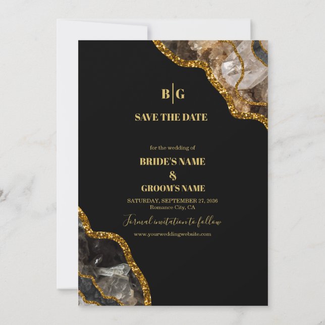 Reserve A Data Casamento Glitter de Geodo de Agato Preto e Dourad (Verso)