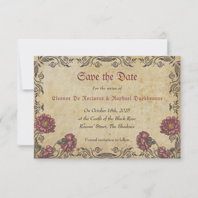 Reserve A Data Casamento Gótico com Flores Escuras  (Frente)