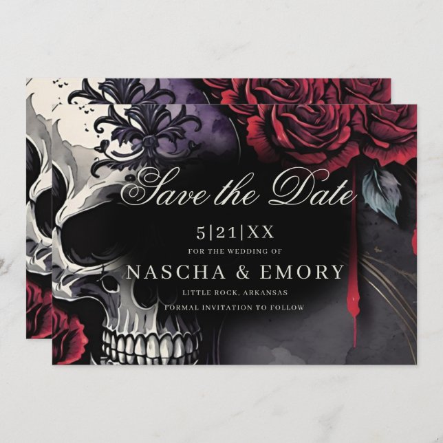 Reserve A Data Casamento Gótico de Rosas de Caveira Vermelha e Ne (Frente/Verso)
