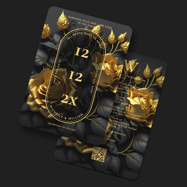 Reserve A Data Casamento Gótico Elegante Boho Rosas Preto Dourado (Elegant Gothic Boho Black Gold Wedding QR Save The Date
)