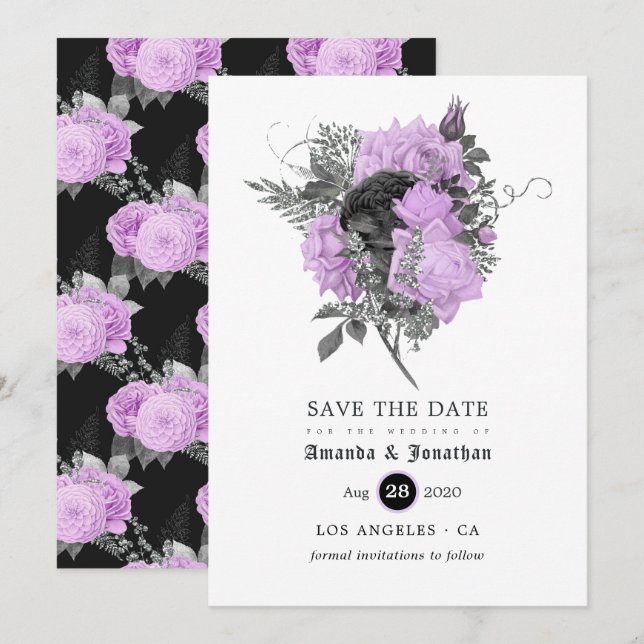 Reserve A Data Casamento Gótico Floral Preto Roxo e Prata (Frente/Verso)