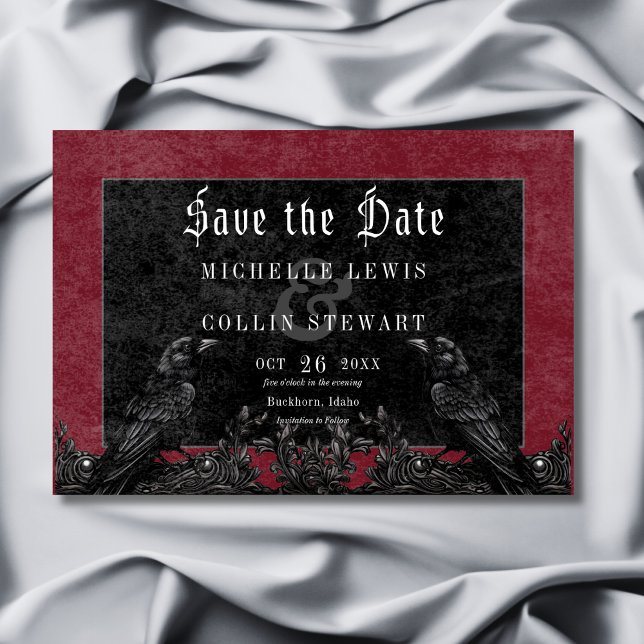 Reserve A Data Casamento Gótico Negro Raven e Rosas Borgonha (Gothic Black Raven & Roses Burgundy Wedding Save The Date)