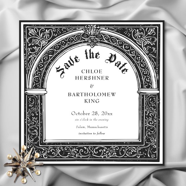 Reserve A Data Casamento Gótico Preto Branco Medieval Até a Morte (Gothic Black White Medieval Until Death Wedding Save the Date)