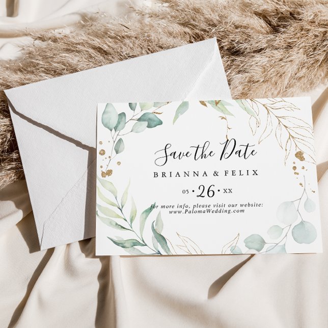 Reserve A Data Casamento Horizontal Dourado da Caligrafia Eucalyp (Criador carregado)