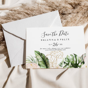Reserve A Data Casamento Horizontal Dourado de Folhagem Tropical