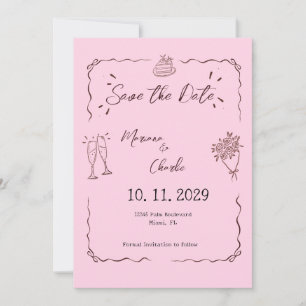 Reserve A Data Casamento Ilustrado Cor-de-Rosa Caprichoso 