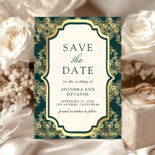 Reserve A Data Casamento Indiano com Renda Dourada e Verde Água