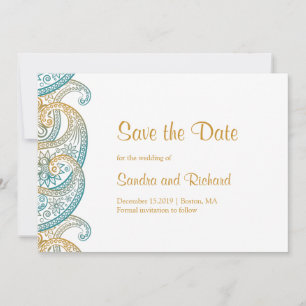 Reserve A Data Casamento Indiano Paisley Azul Turquesa & Dourado