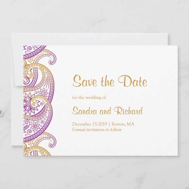 Reserve A Data Casamento Indiano Roxo e Dourado Paisley (Frente)