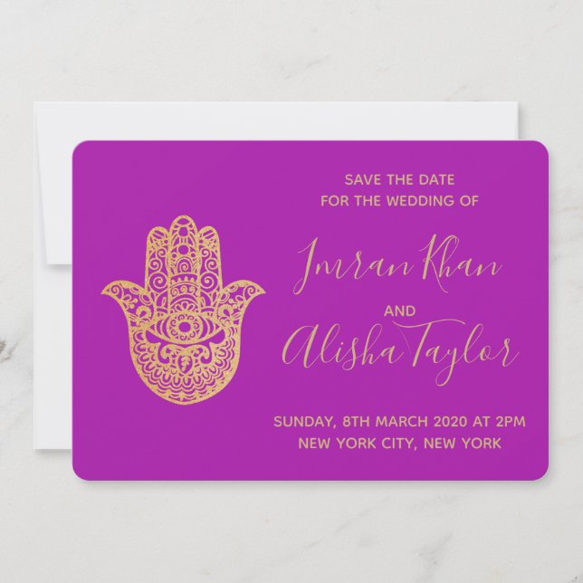 Reserve A Data Casamento Indiano Salve a data Dourado hamsa Henna (Frente)