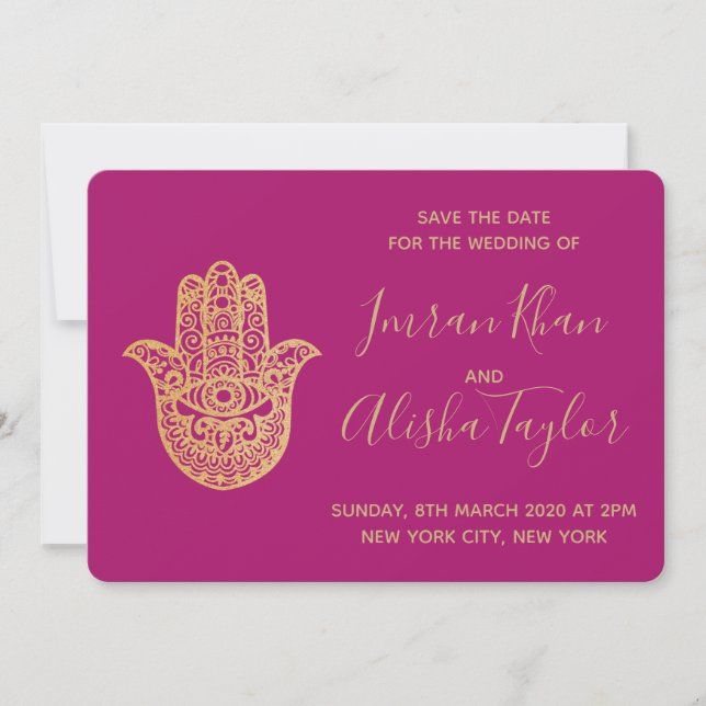 Reserve A Data Casamento Indiano Salve a data Dourado hamsa Henna (Frente)