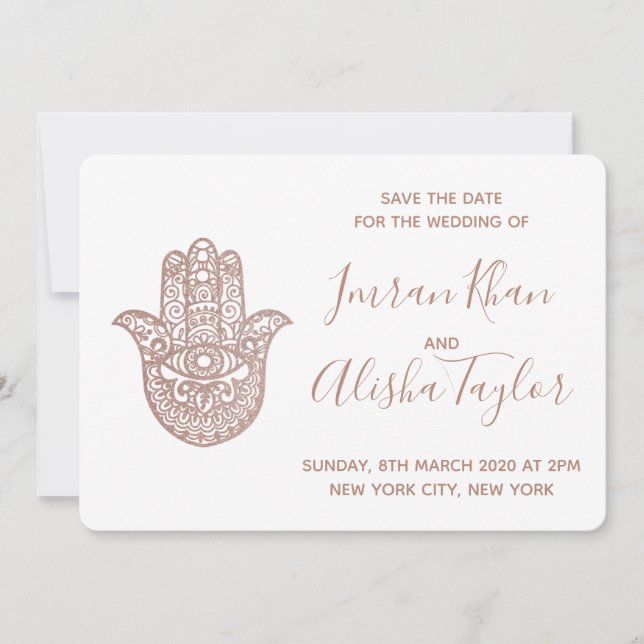 Reserve A Data Casamento Indiano Salve a data Rosa Dourado hamsa  (Frente)
