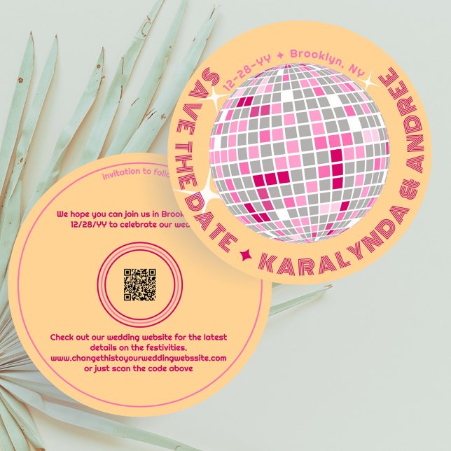 Reserve A Data Casamento Laranja Redondo Elegante Disco Ball Rosa (Elegant disco ball round Save the Date in pink and gold with QR code)