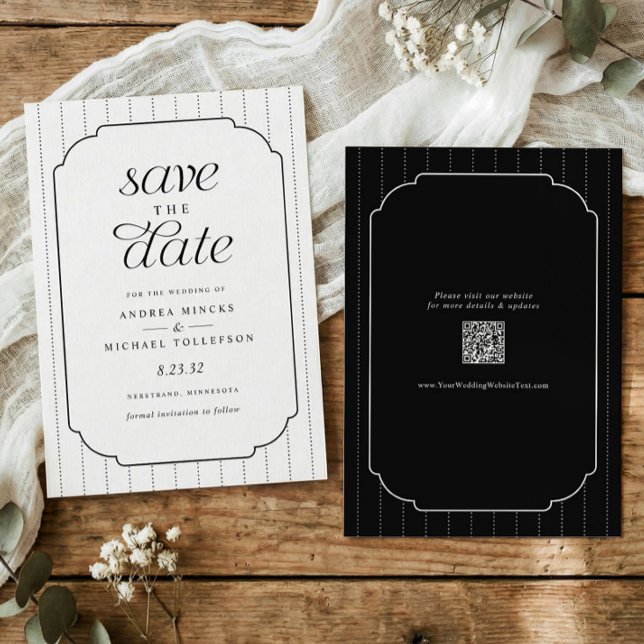 Reserve A Data Casamento Listras Pretas e Brancas Elegantes (Preppy black and white save the date card with striped background and wedding website QR code.)