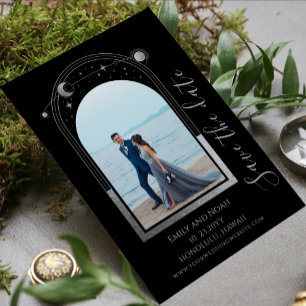 Reserve A Data Casamento Lua Estrelas Sol Prata Preto Místico