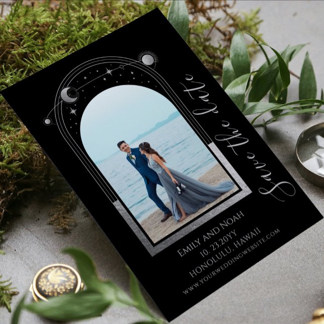 Reserve A Data Casamento Lua Estrelas Sol Prata Preto Místico (Criador carregado)