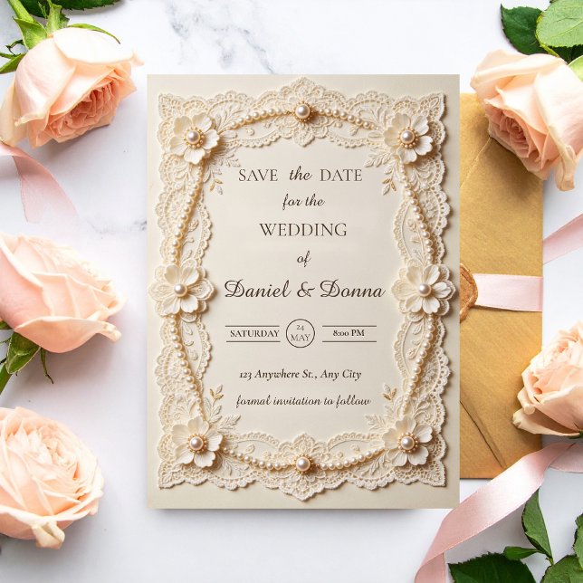 Reserve A Data Casamento Luxuoso Pérola e Renda Elegante (Criador carregado)