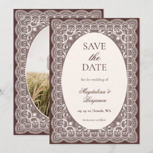 Reserve A Data Casamento Marrom Elegante com Renda de Marfim Vito