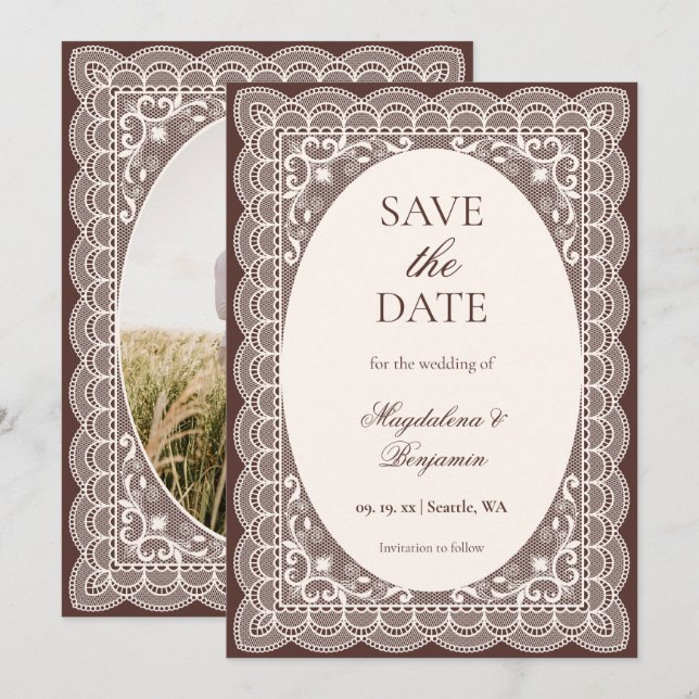 Reserve A Data Casamento Marrom Elegante com Renda de Marfim Vito (Frente/Verso)