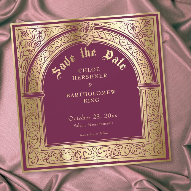 Reserve A Data Casamento Medieval Ouro Gótico Borgonha (Gothic Burgundy Gold Medieval Wedding Save The Date)