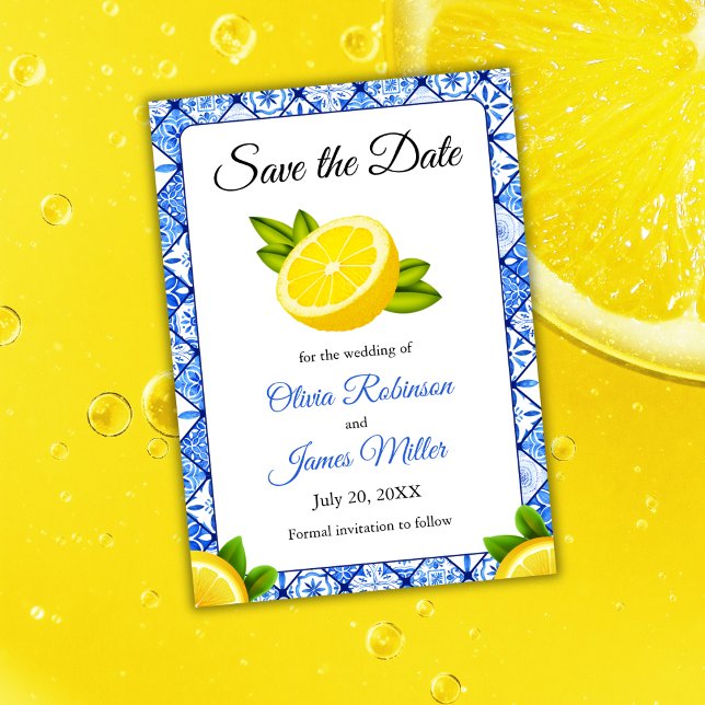 Reserve A Data Casamento mediterrânico de Limão Azulejo Azul (Mediterranean Italian Blue Tile Lemon Wedding Save The Date )